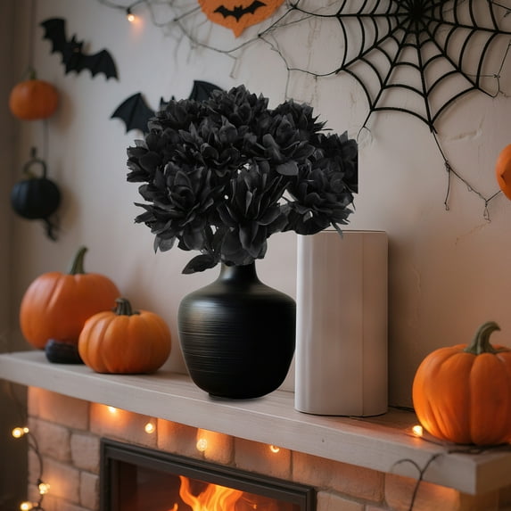 QuanTara Halloween Black Flower Stems 15.75in, Artificial Black Flower Cuttings for Spooky Party Decor, Floral Arrangement Vase Filler, Set of 1