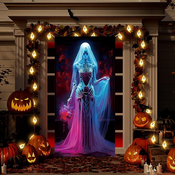 QuanTara Halloween Door Cover Decoration 35x71 Inch, Halloween Door Hanging Tapestry for Front Door, Indoor Outdoor Fabric Door Wrap for Party, Easy Install Holiday Decor