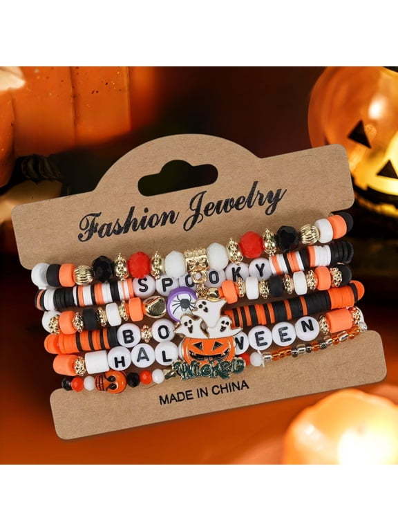 QuanTara Halloween Gothic Bracelet Set – Stackable Beaded Arm Cuff with Ghost, Spider, Pumpkin & Skull, Spooky Layered Jewelry for Women, Party Favors & Witchy Gifts