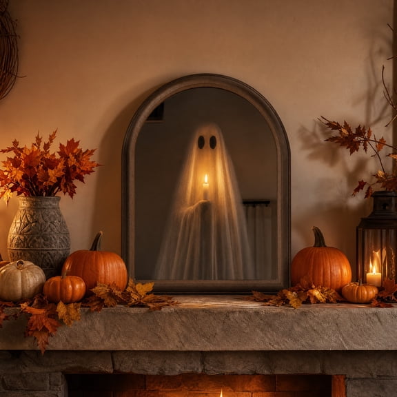 QuanTara Halloween Lighted Arched Mirror, Spooky Candlelit Ghost Scene Tabletop Decor, Vintage Gothic Arch Way Mirror with Warm LED Lights, Indoor Holiday Ornament for Mantel, Shelf, Kitchen