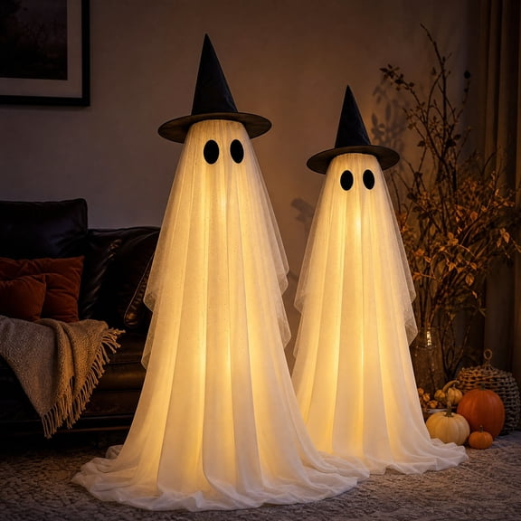 QuanTara Halloween Lighted Standing Ghost Stakes (2-Pack), 3.3ft & 4ft Glitter Ghosts with Witch Hats, Remote Control LED Yard Decorations, Outdoor Halloween Decor for Garden