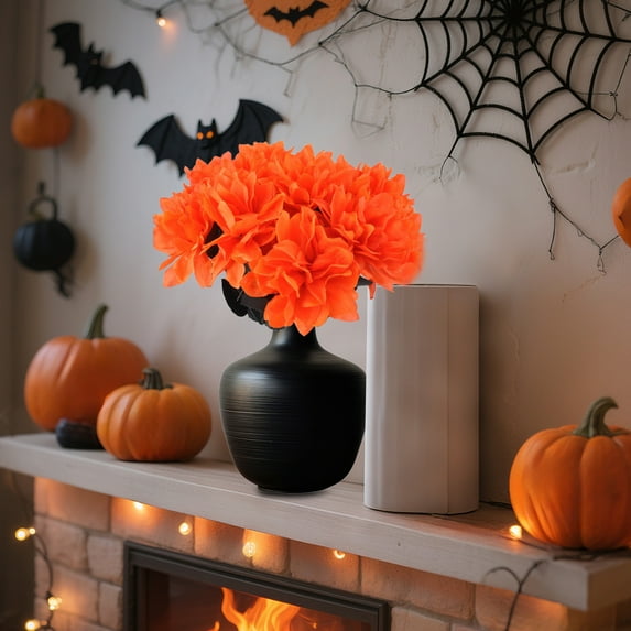 QuanTara Halloween Orange Flower Stems 15.75in, Artificial Black Flower Cuttings for Spooky Party Decor, Floral Arrangement Vase Filler, Set of 1