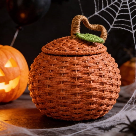 QuanTara Halloween Pumpkin Storage Basket Handwoven Paper Rope Candy Organizer with Lid for Tabletop Desk Snack Home Fall Decor Gift