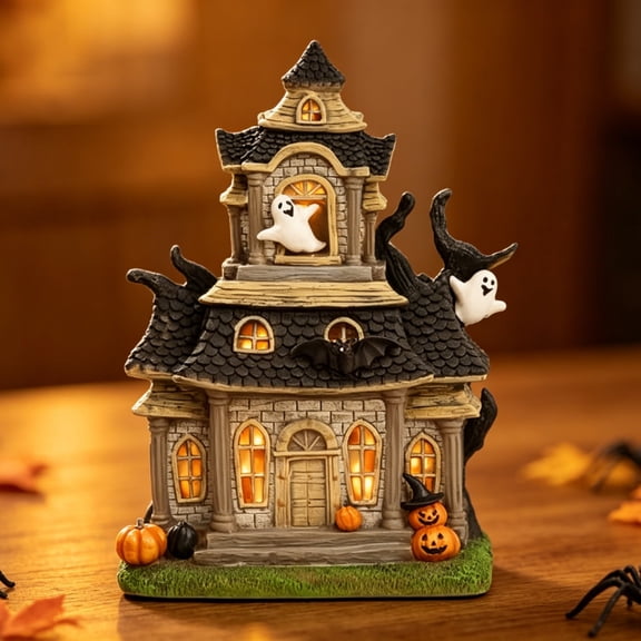 QuanTara Halloween Resin Haunted House Figurine – Light Up Tabletop Decor with Ghosts, Bats & Pumpkins, Spooky Village Mansion for Mantel, Shelf & Party Display
