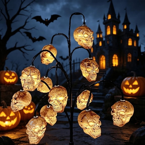 QuanTara Halloween Solar Skull Tree Light  Spooky Solar-Powered Branch Stake for Outdoor Yard Decor