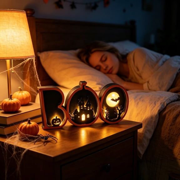 QuanTara Halloween Wooden LED Table Lamp - Light-Up Shadow Box Night Light, Battery Operated Rustic Centerpiece for Mantels, Bookshelves & Themed Social Gatherings