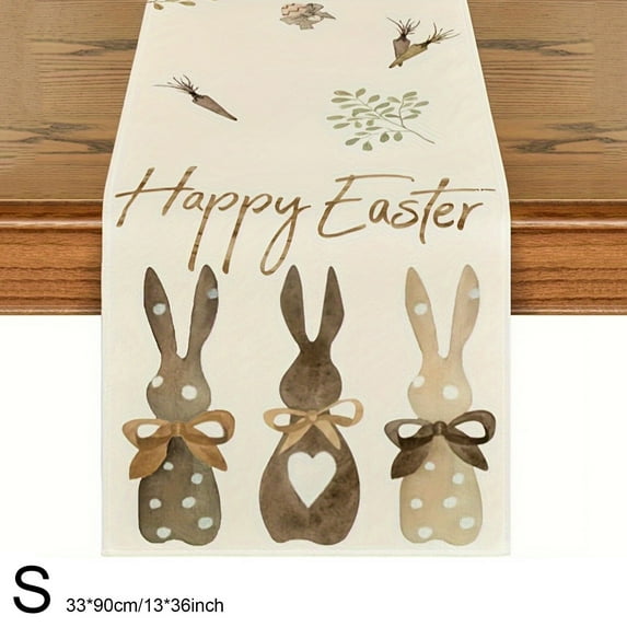 QuanTara Happy Easter Table Runner 36x13 in, Bunny Rabbit Design Spring Holiday Kitchen Dining Decor for Indoor Outdoor Party, Khaki