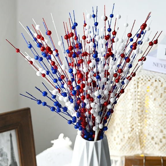 QuanTara Independence Day Branch Arrangement 17in - Red White Blue with Gold Powder, Festive Indoor Party Centerpiece, Tabletop Decor, Family Gathering Festival Bundle Decoration