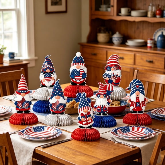 QuanTara Independence Day Goblin Table Centerpiece, 7.08x4.64in, Set of 9 Patriotic Party Decorations, Red White Blue, Foldable Base, No Assembly, for Dining Table, Mantel, Cake Topper, Shop Display