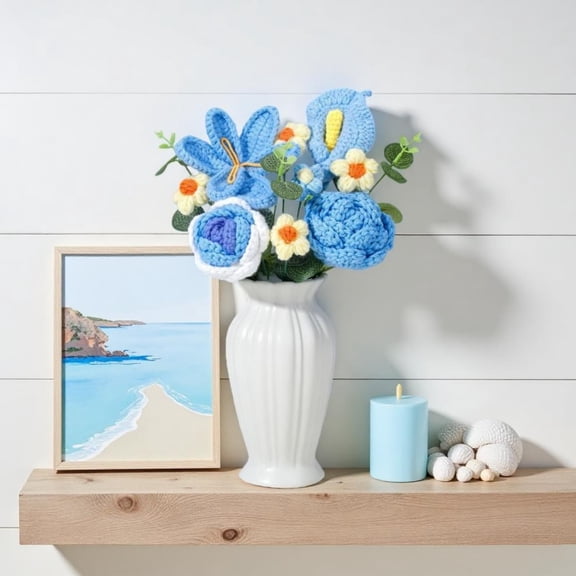 QuanTara Knitted Flower Bouquet, Handmade Crochet Lilies and Roses, Finished Artificial Flower Decor for Home Wedding Gift