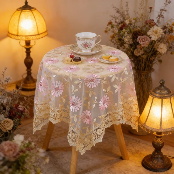 QuanTara Lace Tablecloth 33.46x33.46inch, Embroidered Square Table Cover, Polyester Gauze Blue Table Cloth for Dining, Tea, Bedside, Coffee Table, Party Decor