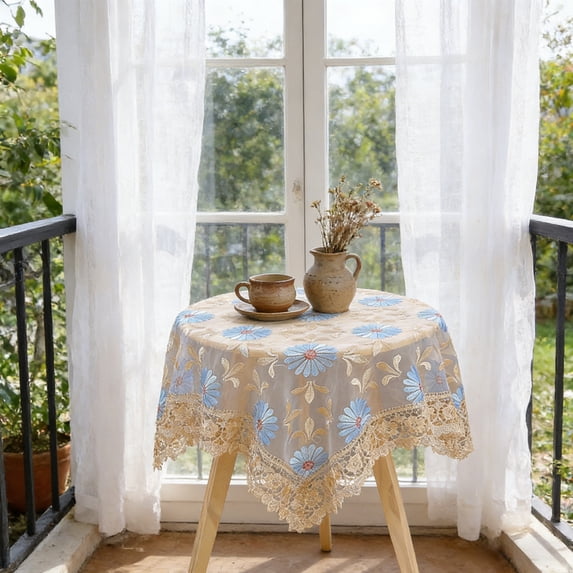 QuanTara Lace Tablecloth 33.46x33.46inch, Embroidered Square Table Cover, Polyester Gauze Blue Table Cloth for Dining, Tea, Bedside, Coffee Table, Party Decor