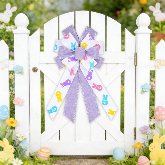 QuanTara Large Easter Bow 20.87x11.42in - Handmade Polyester Linen-Look Hanging Ornament with Egg Pattern, Festive Wreath Topper, Gift Box & Door Decor for Indoor Outdoor Spring Holiday Decorations