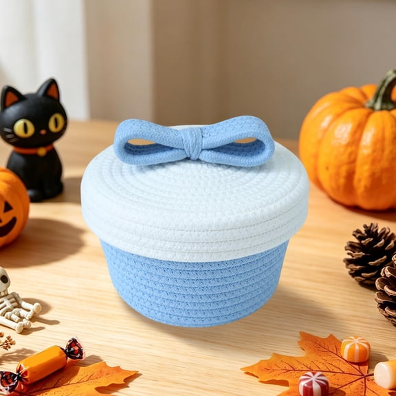 QuanTara Light Blue Bow Storage Basket, 7" Cotton Rope Bin with Lid, Two-Tone Woven Decorative Caddy for Nursery, Desktop Organizer for Toys, Diapers, and Household Clutter