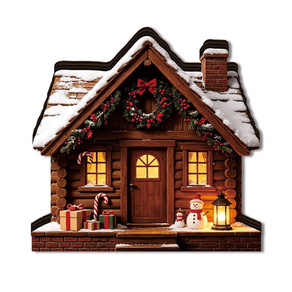 QuanTara Lighted Christmas House Decoration, Log Cabin with Wreath, Snowy Village Design, 4.72" × 4.33" × 0.79", Wooden LED Tabletop Accent for Shelf and Mantel