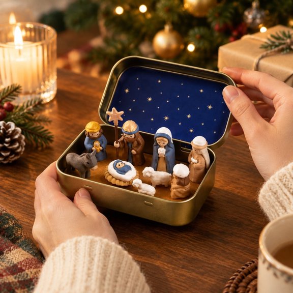 QuanTara Mini Christmas Nativity Scene in Metal Tin Box, PLA Holy Family Figurines, 3.74" 2.36", Small Tabletop Manger Display, 1 Set