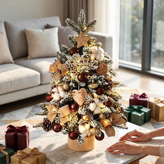 QuanTara Mini Tabletop Christmas Tree 17.72in, LED Lights Natural Style Xmas Decor with Pinecones & Wood Base, Holiday Centerpiece for Desk, Mantel & Shelf