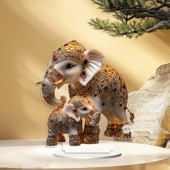 QuanTara Mother and Child Elephants Acrylic Ornament, 3.9x3.9x0.3in, 2D Desktop & Home Decoration, Sentimental Gift for Mom, Mother's Day Keepsake, Office Desk Decor
