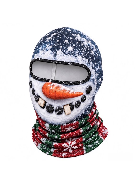 Novelty Face Print Ski Balaclava, Snowman Face with Red Scarf Full-Head Graphic, Fabric, 14.17" × 10.43", Skiing Snowboarding and Winter Costume Wear, 1 Piece