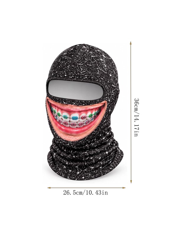 Novelty Face Print Ski Mask, Toothy Grin Face on Polyester Balaclava, 14.17" × 10.43", Winter Outdoor and Costume Party Head Cover, 1 Piece