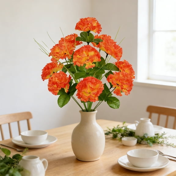 QuanTara Orange Artificial Carnations Bouquet, 12-Head Fabric Fake Flowers for Wedding Decor, Floral Arrangements, Home Table Centerpiece, Potted Plant Display (16.54in)