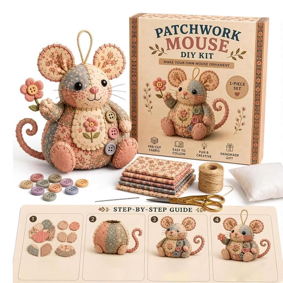 QuanTara Patchwork Mouse DIY Kit – Cute Hand Sewing Craft Set with Floral Fabric, Stuffing & Buttons for Beginners & Adults