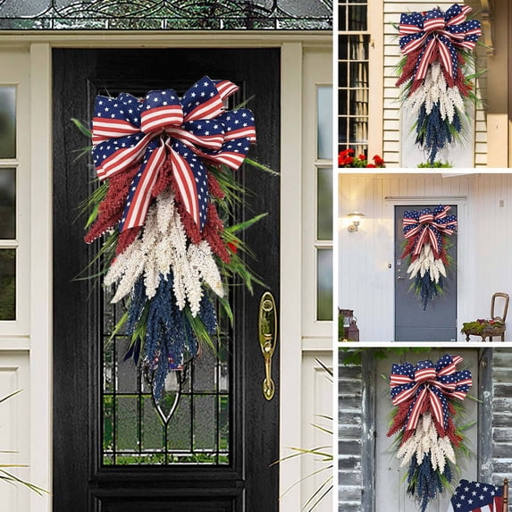 QuanTara Patriotic Wheat Ear Wreath for Front Door, Independence Day Red White Blue Hanging Decoration, Farmhouse Style Holiday Door Hanger
