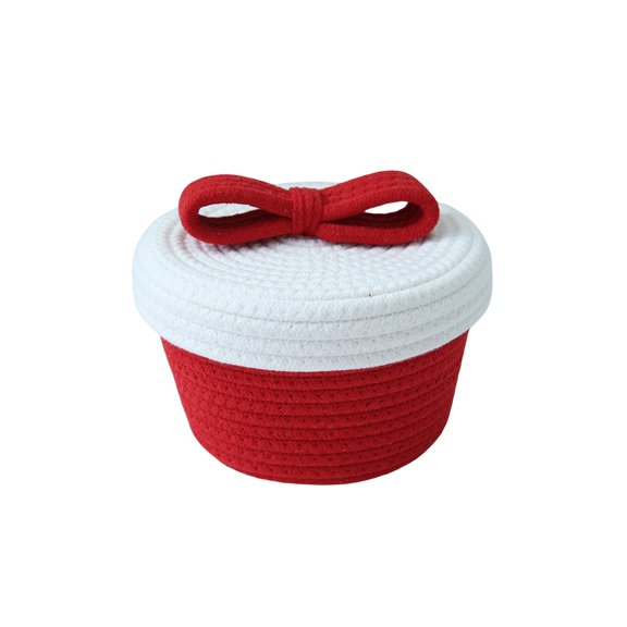 QuanTara Red Bow Storage Basket, 7" Cotton Rope Bin with Lid, Two-Tone Woven Decorative Caddy for Holiday Sweets, Desktop Organizer for Toys, Keys, and Household Clutter