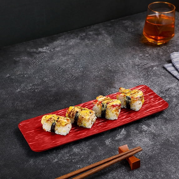 QuanTara Red Plastic Sushi Tray – 11.5 x 3.74in Long Rectangle Serving Platter – Reusable Party Appetizer & Cake Display Tray for Entertaining