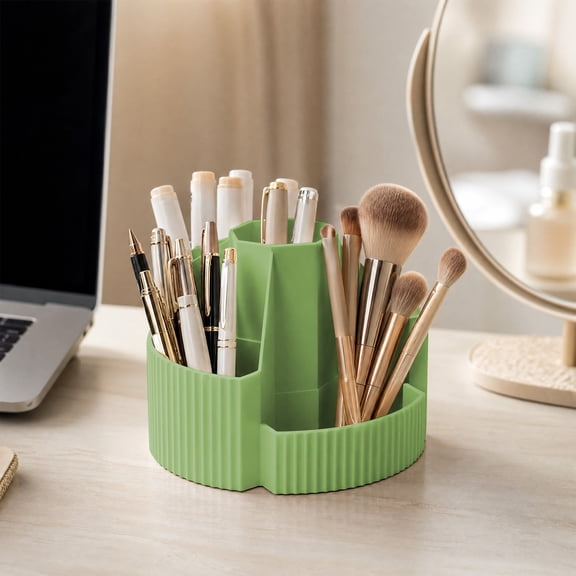 QuanTara Rotating Desk Organizer, 360° Spinning Pen Holder with Tiered Compartments, 5.12" Desktop Storage Caddy for Office Supplies, Vanity Brushes & Craft Tools