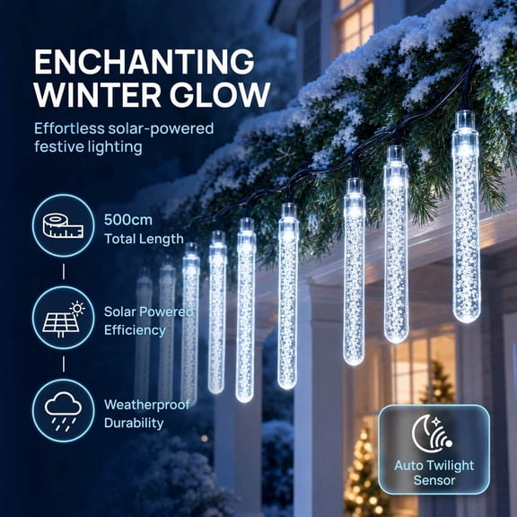 QuanTara Solar Christmas Icicle String Lights, 20 Clear Hanging Drops on a 196.85" Strand, Plastic, 196.85" 1.97", Outdoor Eaves Fence and Winter Yard Decor, 1 Piece