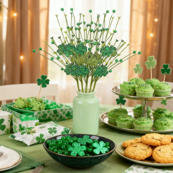 QuanTara St. Patrick's Day Artificial Shamrock Cuttings, 15.3in Green Plastic Greenery for Home Vase Festive Decor - Pre-Arranged Bouquet, No Maintenance Floral Arrangement