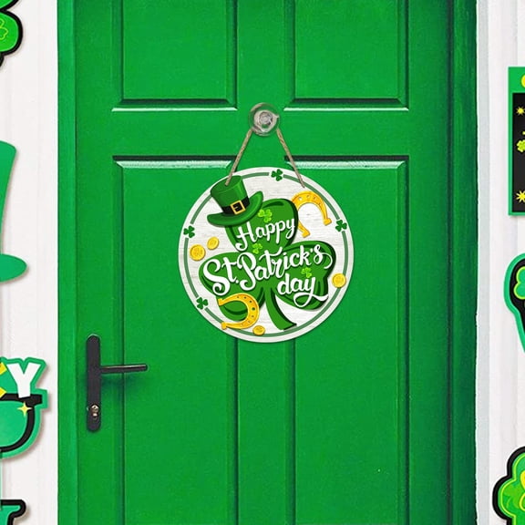 QuanTara St. Patrick's Day Wooden Hanging Sign, 7.87x7.87in Green Shamrock & Hat Front Door Decor, Handmade Wall Art for Home Living Room Office Irish Party