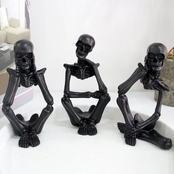 QuanTara Thinking Skeleton Resin Figurine Set – Gothic Halloween Skull Decor with Snake Accent