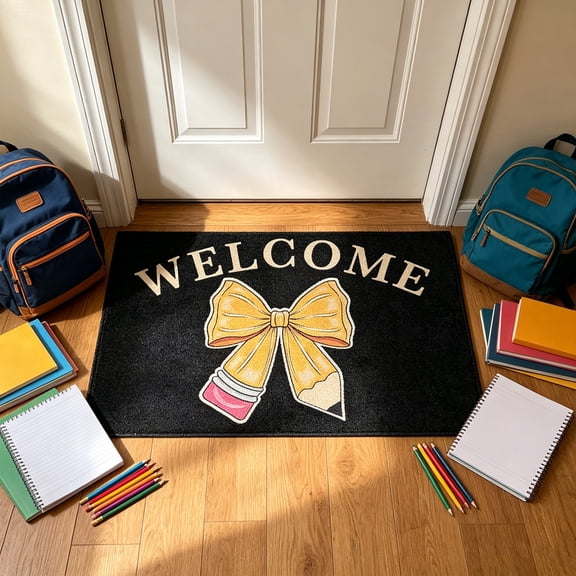 QuanTara Welcome Bow Pencil Entryway Rug, 23.6" x 15.7" Indoor Door Mat, Non-Slip Back to School Floor Mat with Absorbent Polyester Surface for Classroom, Dorm & Home Entrance