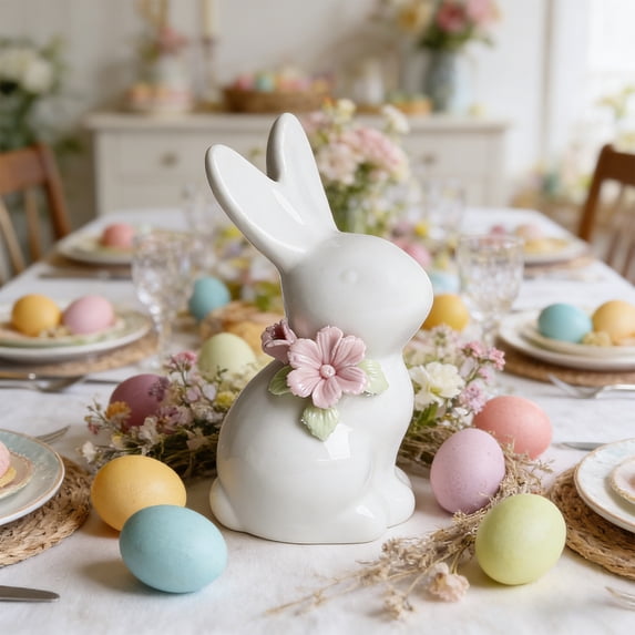 QuanTara White Ceramic Easter Bunny Figurine, 4.06x2.32x1.77" Minimalist Sculpted Bunny with Floral Accents, Holiday & Everyday Home Decor, Tabletop Shelf Decoration