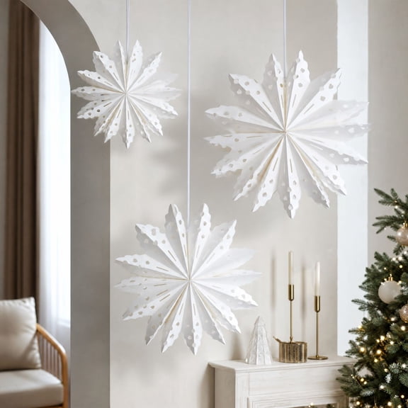 QuanTara White Paper Snowflake Hanging Decorations, Cutout Snowflakes, 13.78" × 13.78" × 0.79", 3-Piece Christmas Window Ceiling and Party Display Set