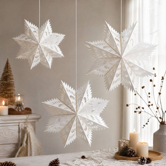 QuanTara White Paper Snowflake Hanging Decorations, Cutout Snowflakes, 13.78" × 13.78" × 0.79", 3-Piece Christmas Window Ceiling and Party Display Set