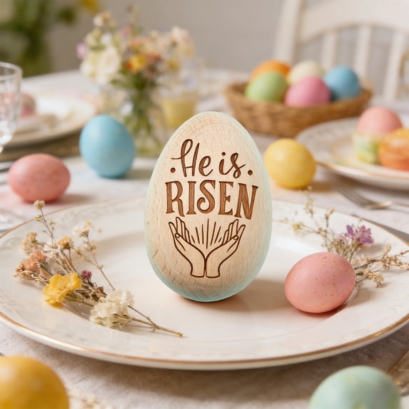 QuanTara Wooden Easter Egg with Carved Rabbit Design, Natural Brown Easter Decoration for Egg Hunt, Basket Stuffers, Table Decor, 2.36in