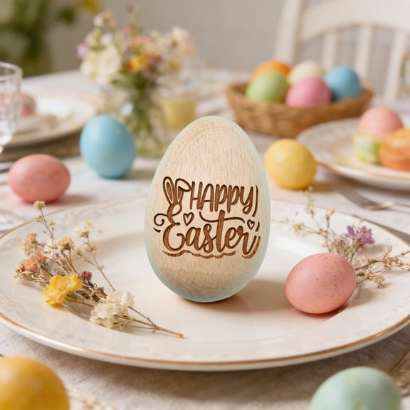 QuanTara Wooden Easter Egg with Carved Rabbit Design, Natural Brown Easter Decoration for Egg Hunt, Basket Stuffers, Table Decor, 2.36in