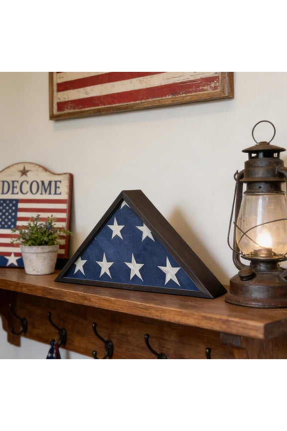 Wooden Triangular Flag Display Case, 17.32x9.05x3.35in American Flag Storage Box with Glass Front, Wall Mount or Tabletop Memorial Shadow Box for Veterans, Folded Flag Protection