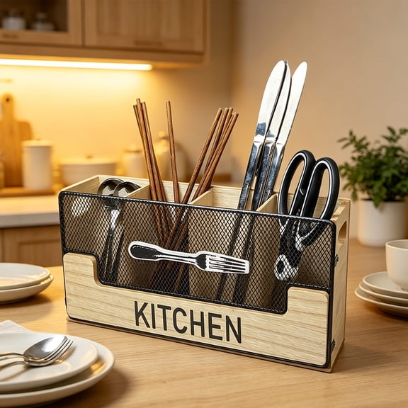 QuanTara Wooden Utensil Caddy – 4-Compartment Cutlery Organizer for Forks, Spoons, Knives & Chopsticks, Rustic Kitchen Counter & Dining Table Storage Rack