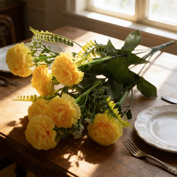 QuanTara Yellow Artificial Carnation Flowers Bouquet, 7 Heads Silk Fake Flowers for Mothers Day Gift, Wedding Centerpieces, Home Table Decor, Teacher Appreciation Gift (15.8in)