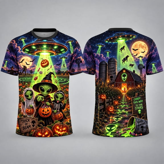 MERIVANE Alien Halloween Invasion Unisex T-shirt 3D, UFO Pumpkin Personalized Graphic Tee