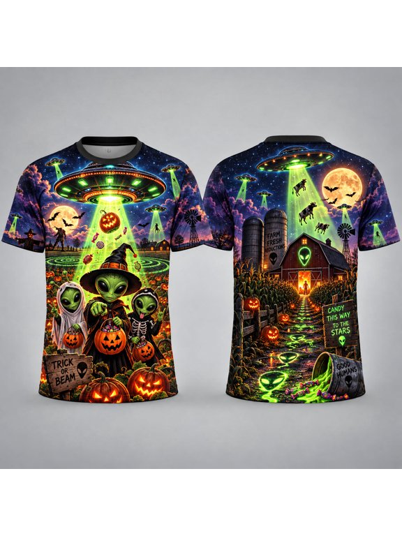 Alien Halloween Invasion Unisex T-shirt 3D, UFO Pumpkin Personalized Graphic Tee