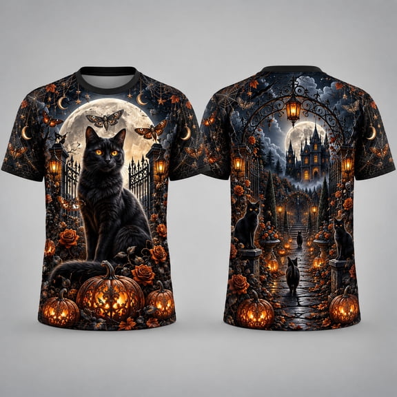 MERIVANE Black Cat Moon Garden Unisex T-shirt 3D, Gothic Halloween Personalized Graphic Tee