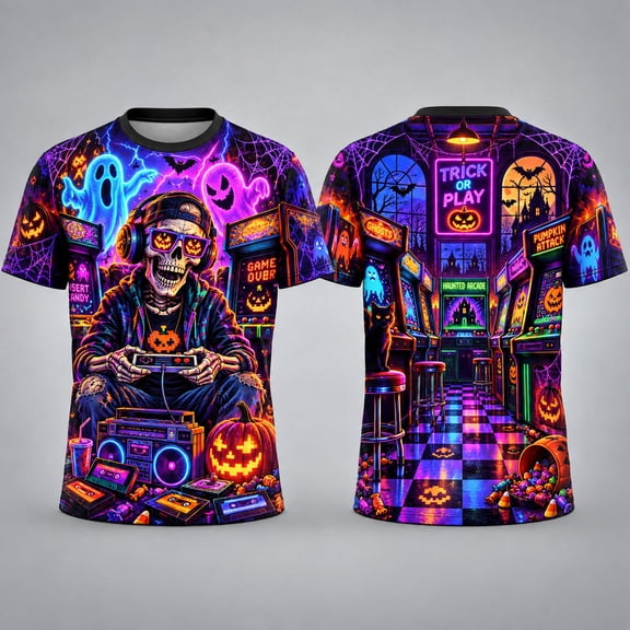 MERIVANE Haunted Arcade Night Unisex T-shirt 3D, Retro Neon Personalized Graphic Tee