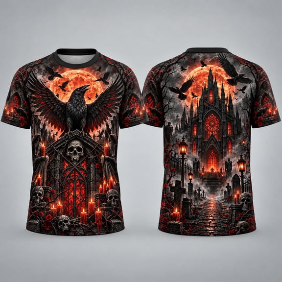 MERIVANE Raven Cathedral Unisex T-shirt 3D, Gothic Moon Personalized Graphic Tee