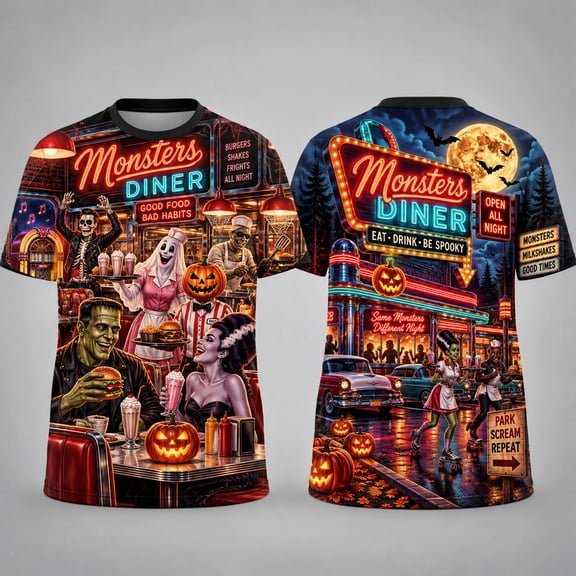 MERIVANE Retro Monster Diner Unisex T-shirt 3D, Neon Halloween Personalized Graphic Tee