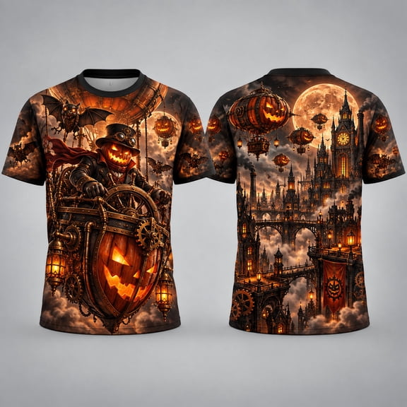 MERIVANE Steampunk Pumpkin Airship Unisex T-shirt 3D, Gothic City Personalized Graphic Tee